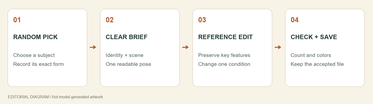 Workflow from a random Pokémon selection to a clear image brief, a reference edit, and a checked result