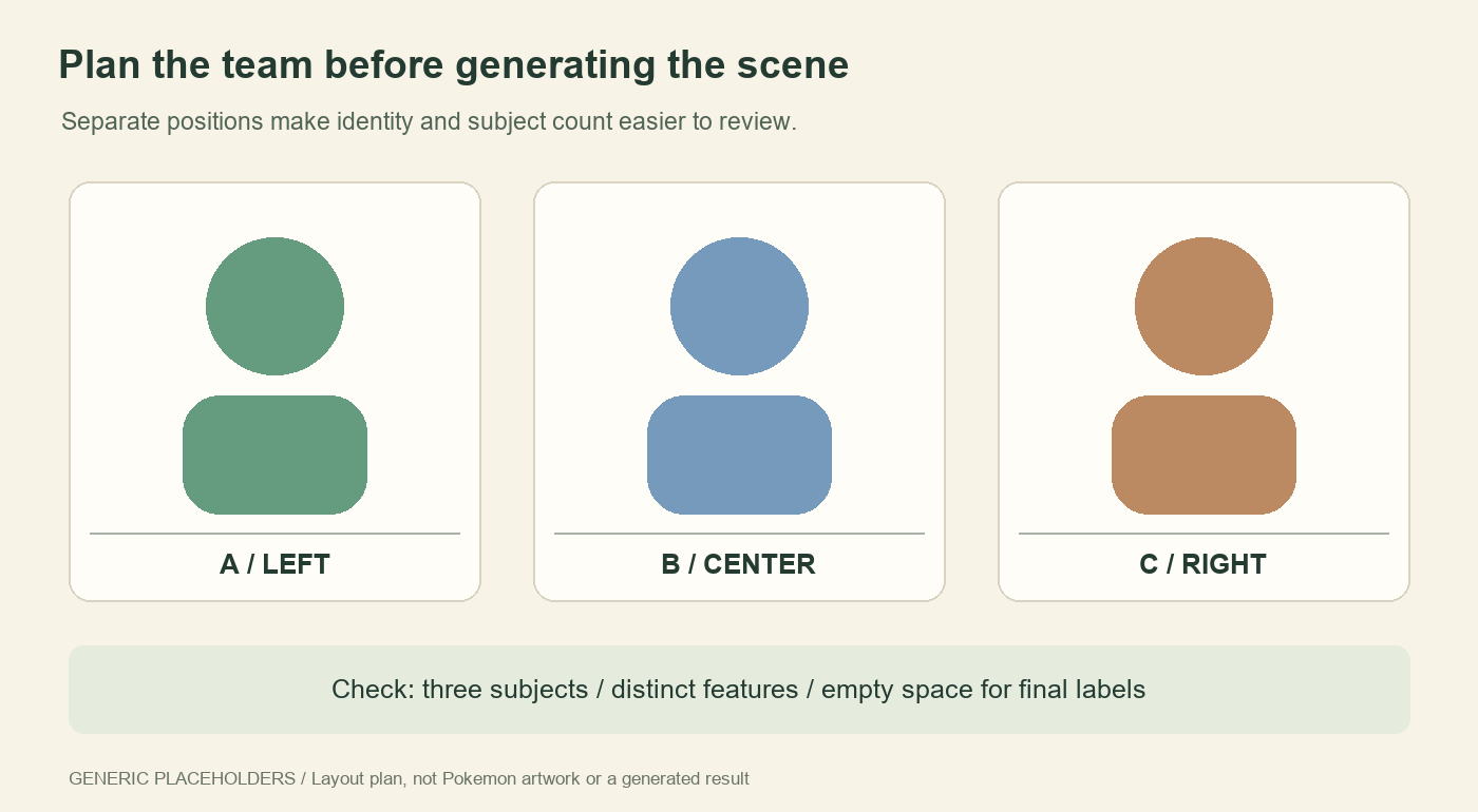 Three separate character slots with space between them, followed by a checklist for identity, count, and labels